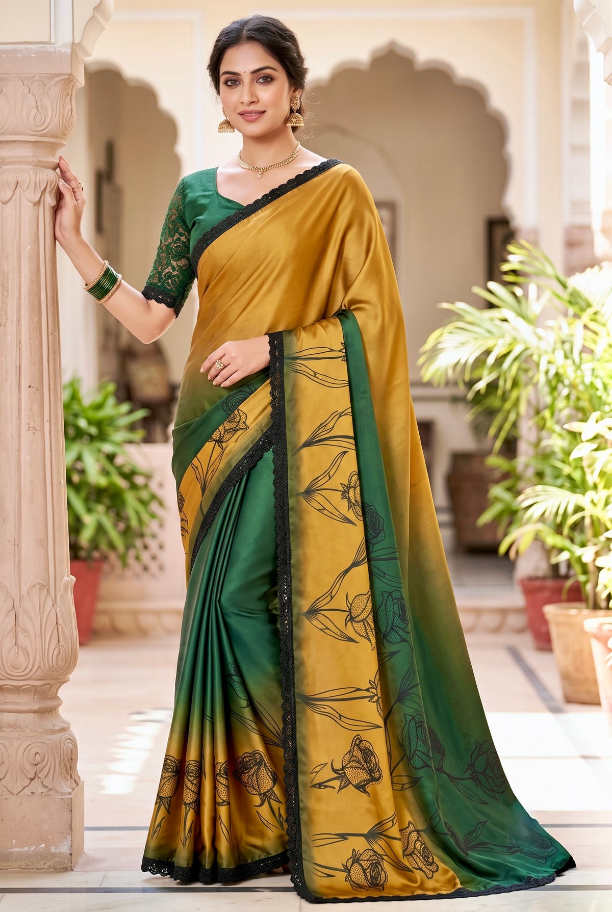 SB-7033 | Elegant Floral Satin Digital Print Saree