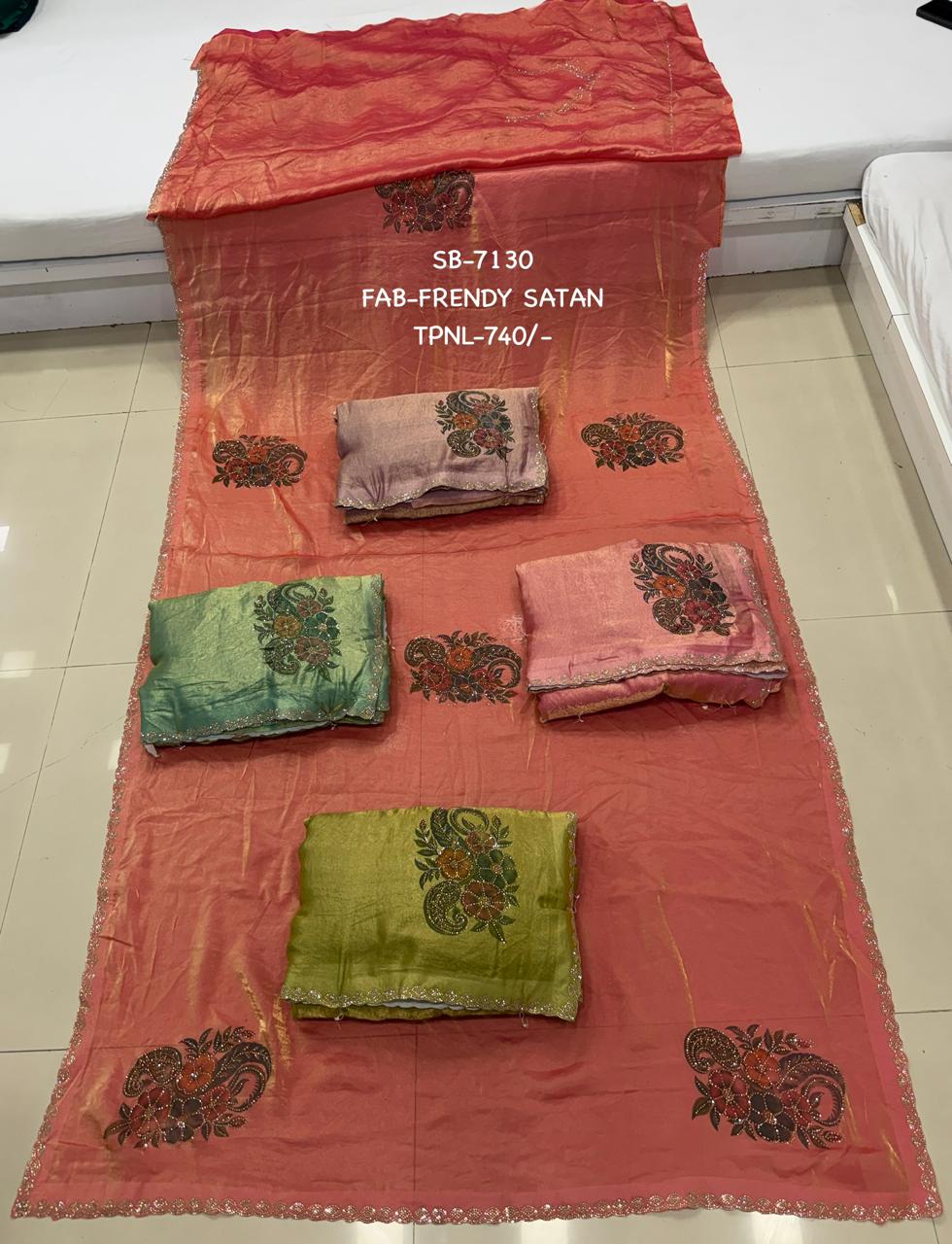 SB-7130 | Peach Floral Satin Saree