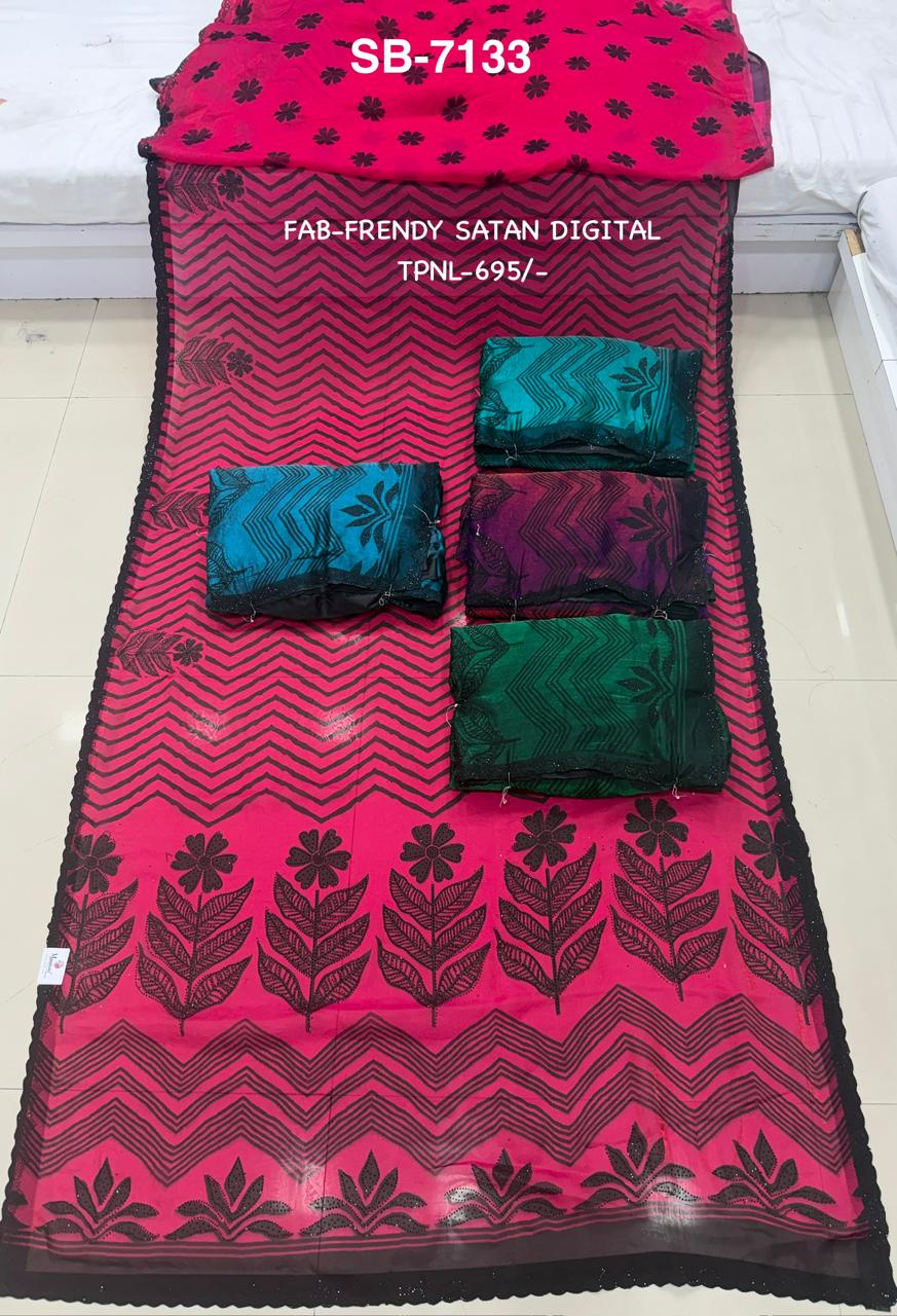 SB-7133 | Pink Chevron Satin Digital Saree