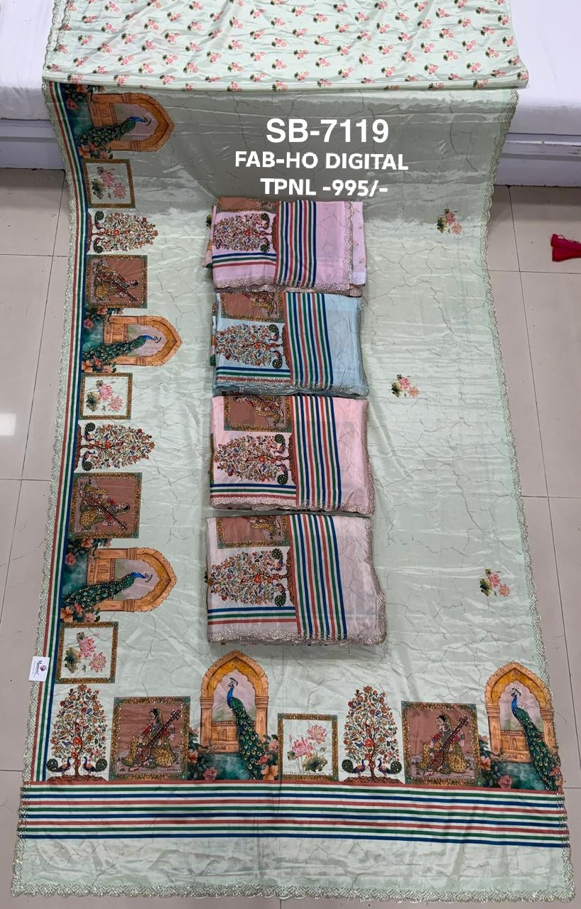 SB-7119 | Pastel Peacock Digital Print Saree