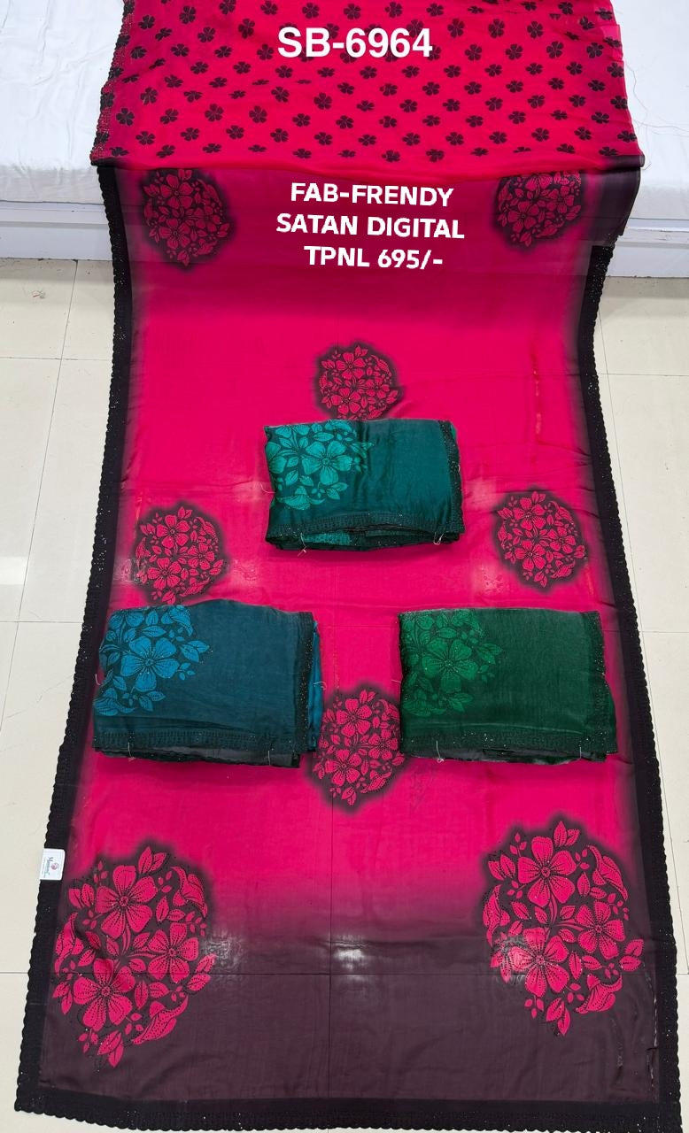 SB-6964 | Hot Pink Floral Satin Saree