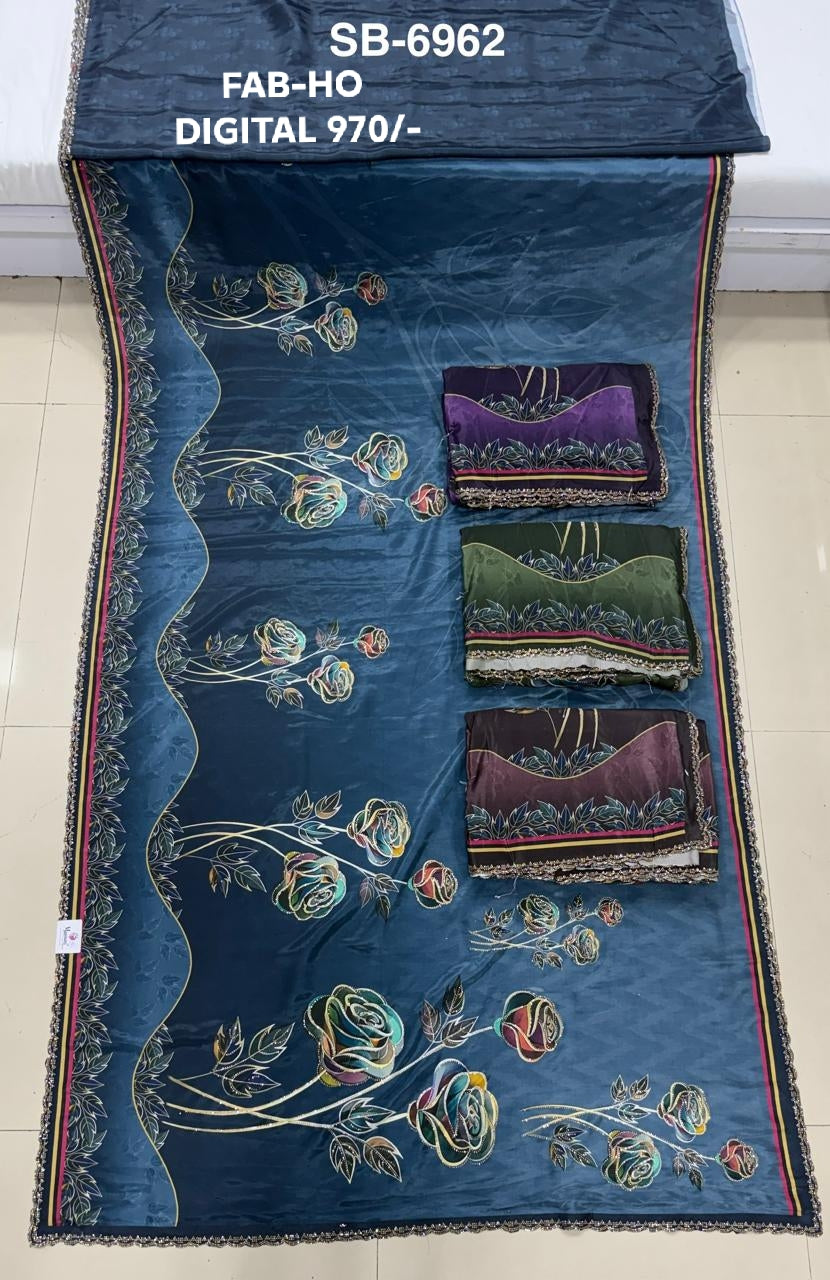 SB-6962 | Royal Blue Floral Satin Saree