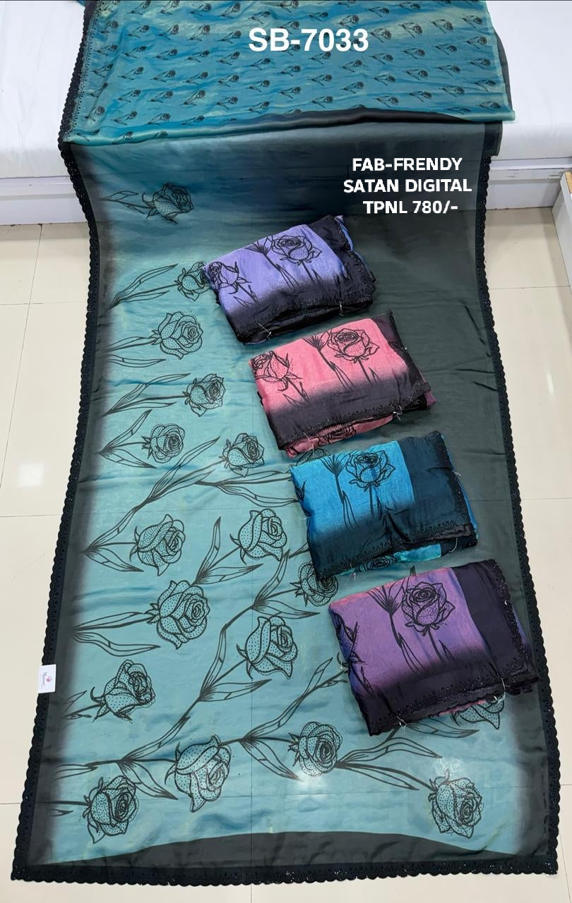 SB-7033 | Elegant Floral Satin Digital Print Saree