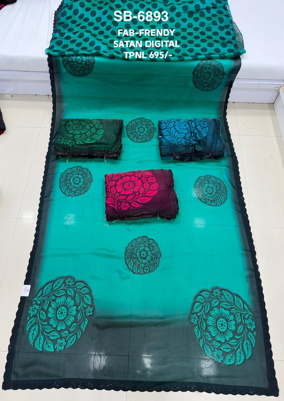 SB-6893 | Turquoise Floral Medallion Satin Saree